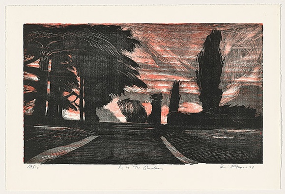 Artist: b'AMOR, Rick' | Title: b'Into the garden [1].' | Date: 1993 | Technique: b'woodcut, printed in black and red ink, from two blocks'