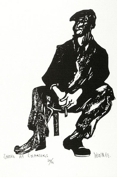 Artist: b'Lincoln, Kevin.' | Title: b'Smoko at Swansons' | Date: 1966 | Technique: b'woodcut, printed in black ink, from one block' | Copyright: b'\xc2\xa9 Kevin Lincoln. Licensed by VISCOPY, Australia'