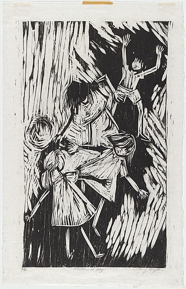 Artist: b'Clifton, Nancy.' | Title: b'Children at play.' | Date: 1967 | Technique: b'woodcut, printed in black ink, from one block'