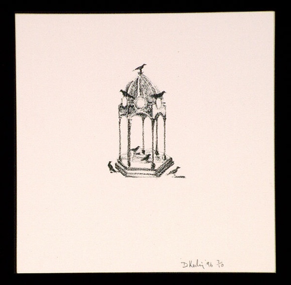 Artist: b'Keeling, David.' | Title: b'(bird on gazebo).' | Date: 1996 | Technique: b'lithograph, printed in colour, from two stone plates' | Copyright: b'This work appears on screen courtesy of the artist and copyright holder'