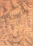 Artist: Rees, Ann Gillmore. | Title: not titled [woman on liferaft, man jumping ship] | Date: c.1950 | Technique: engraved copper plate