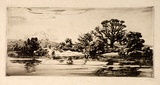 Artist: LINDSAY, Lionel | Title: Snowy River | Date: 1925 | Technique: drypoint, printed in black ink with plate-tone, from one plate | Copyright: Courtesy of the National Library of Australia