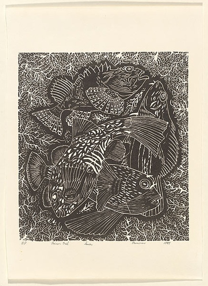 Title: b'Poison fish' | Date: 1987 | Technique: b'linocut, printed in black ink, from one block'