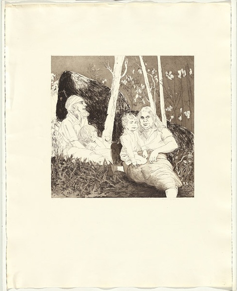 Artist: b'Symons, Suellen.' | Title: b'Guboo Ted and Anne Thomas at Mount Dromedary.' | Technique: b'etching, printed in black/brown ink, from one copper plate' | Copyright: b'\xc2\xa9 Suellen Symons'