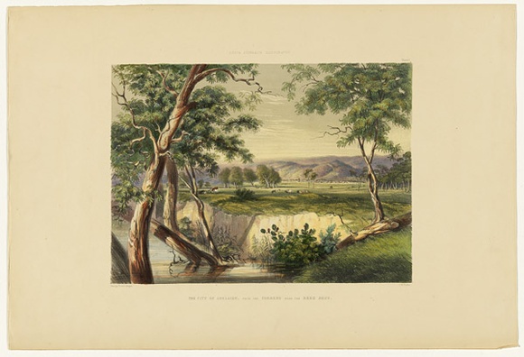 Artist: b'Angas, George French.' | Title: b'The city of Adelaide from the Torrens near the reed beds.' | Date: 1846-47 | Technique: b'lithograph, printed in colour, from multiple stones; varnish highlights by brush'