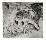 Artist: b'BOYD, Arthur' | Title: b'Figure in a river with beast and dog.' | Date: (1962-63) | Technique: b'etching and drypoint, printed in black ink, from one plate' | Copyright: b'Reproduced with permission of Bundanon Trust'