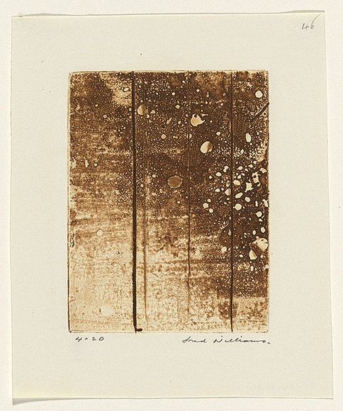 Artist: b'WILLIAMS, Fred' | Title: b'Landscape panel. Number 4' | Date: 1962 | Technique: b'drypoint, engraving, aquatint, printed in sepia ink, from one copper plate' | Copyright: b'\xc2\xa9 Fred Williams Estate'