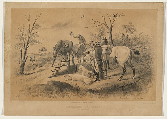 Title: b'Kangaroo Hunting No.3 - The death' | Date: 1858 | Technique: b'lithograph, printed in colour, from two stones (black image and text, buff tint stone)'