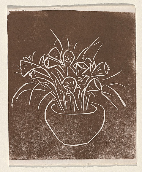 Title: Card: [potplant] | Technique: linocut, printed in brown ink, from one block