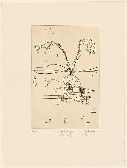 Artist: b'Olsen, John.' | Title: b'Frog jumping' | Date: 1975 | Technique: b'etching, printed in brown ink with plate-tone, from one zinc plate' | Copyright: b'\xc2\xa9 John Olsen. Licensed by VISCOPY, Australia'