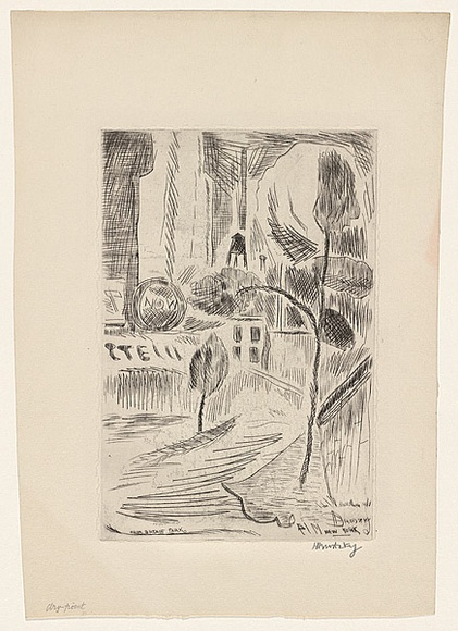 Artist: b'Brodzky, Horace.' | Title: b'From Bryant Park.' | Date: 1917 | Technique: b'etching and aquatint, printed in black ink, from one plate'