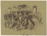 Artist: MACQUEEN, Mary | Title: Departure of fishing fleet, San Remo | Date: c.1957 | Technique: lithograph, printed in black ink, from one plate; additions in crayon and oil paint | Copyright: Courtesy Paulette Calhoun, for the estate of Mary Macqueen