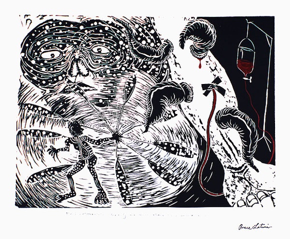 Artist: b'COLEING, Tony' | Title: b'Brusis Latimerititus - the only cure for an extreme case of a bullroarer arm.' | Date: 1986-87 | Technique: b'linocut, printed in black ink, from one block; hand-coloured' | Copyright: b'\xc2\xa9 Bruce Latimer'