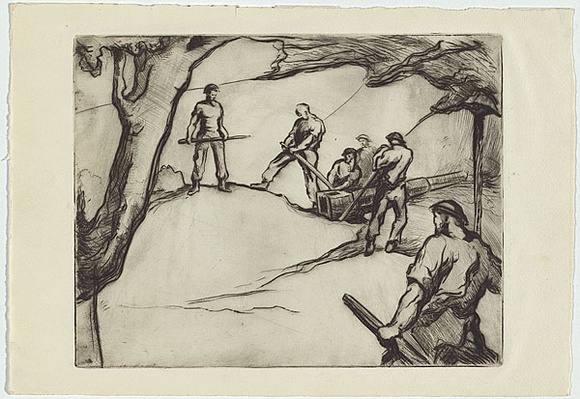 Artist: b'Dyson, Edward Ambrose.' | Title: b'(Moving a field gun barrel).' | Date: c.1942 | Technique: b'drypoint, printed in black ink with plate-tone, from one plate'