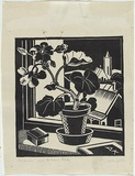 Artist: Kingston, Amie. | Title: Geranium and St John's, Glebe. | Date: 1933 | Technique: linocut, printed in black ink, from one block