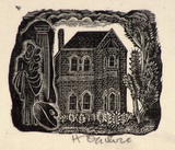 Artist: OGILVIE, Helen | Title: (Two storeyed University residence, classical column, Madonna & child and artist's palette) | Date: 1953 | Technique: wood-engraving, printed in black ink, from one block