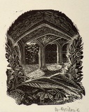 Artist: b'OGILVIE, Helen' | Title: b'not titled [Arched colonnade, gum leaves and gumnuts]' | Date: c.1937 | Technique: b'wood-engraving, printed in black ink, from one block'