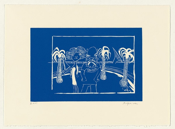Artist: Law, Roger. | Title: Not titled [Roger and Deidre in Bondi]. | Date: 2002 | Technique: linocut, printed in blue ink, from one block