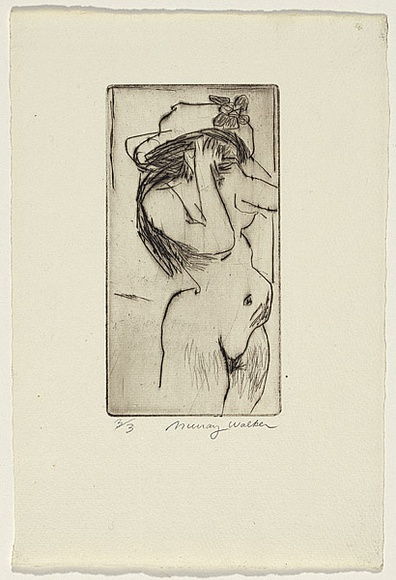 Artist: b'WALKER, Murray' | Title: b'(Standing female nude trying on hat)' | Technique: b'etching, printed in black ink, from one plate'