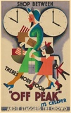 Artist: Freedman, Harold. | Title: Shop between 'off peak'. | Date: 1950s | Technique: lithograph, printed in colour, from multiple stones [or plates]