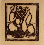 Artist: b'Stephen, Clive.' | Title: b'(Nude with head in hands)' | Date: c.1950 | Technique: b'linocut, printed in black ink, from one block'