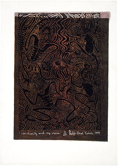 Artist: b'Yobale, Philip.' | Title: b'Spirituality and my vision' | Date: 1999 | Technique: b'linocut, printed in colour, from multiple blocks'