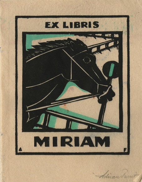 Artist: b'FEINT, Adrian' | Title: b'Bookplate: Miriam.' | Date: (1927) | Technique: b'wood-engraving, printed in colour, from two blocks in black and green inks' | Copyright: b'Courtesy the Estate of Adrian Feint'