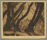 Artist: Coleman, Constance. | Title: (Figure seated beneath trees). | Date: c.1944 | Technique: etching and drypoint, printed in brown ink with plate-tone, from one plate