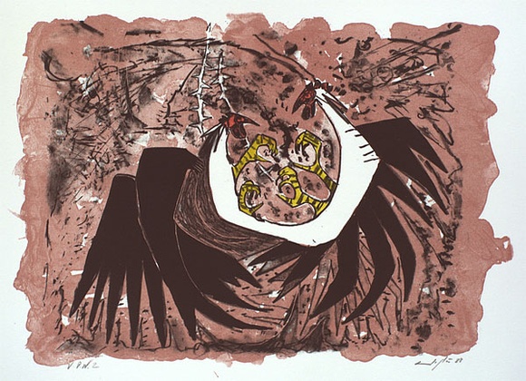 Artist: b'Pugh, Clifton.' | Title: b'Fighting cocks' | Date: 1988, July | Technique: b'lithograph, printed in colour, from two stones; hand-coloured'