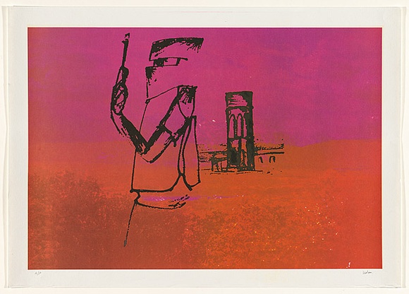 Artist: b'Nolan, Sidney.' | Title: b'not titled [rider].' | Date: c.1980 | Technique: b'photo-offset-lithograph, printed in colour, from multiple stencils'