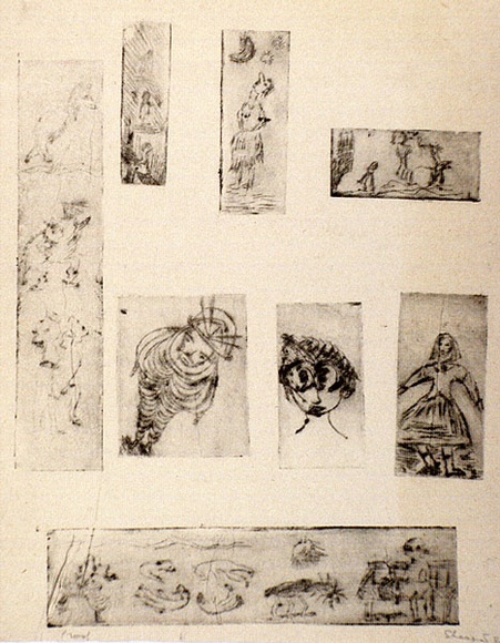 Artist: b'SHEARER, Mitzi' | Title: b'not titled [eight small pictures on one sheet]' | Date: 1980 | Technique: b'etching, printed in black ink with plate-tone, from eight plates'