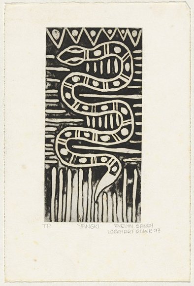 Artist: b'Sandy, Evelyn.' | Title: b'Yangki' | Date: 1997, December | Technique: b'etching and aquatint, printed in black ink, from one plate'