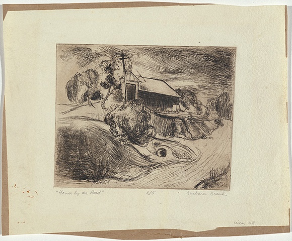 Artist: b'Brash, Barbara.' | Title: b'House by the road.' | Date: c.1948 | Technique: b'etching, printed with plate-tone in brown ink'