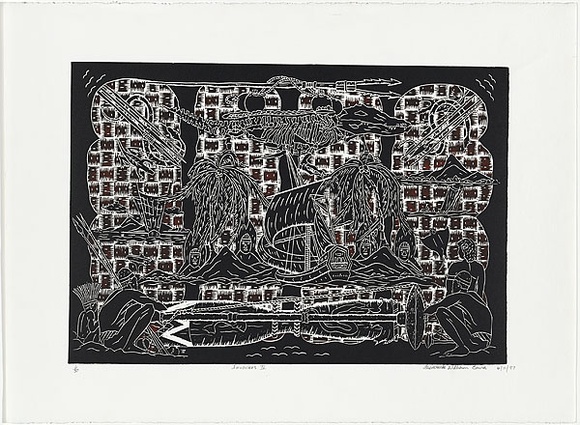 Artist: b'Baira, Frederick William.' | Title: b'Invasion II' | Date: 1997 | Technique: b'linocut, printed in black ink, from one block; hand coloured a la coupe [wet on wet technique]' | Copyright: b'\xc2\xa9 Frederick William Baira'