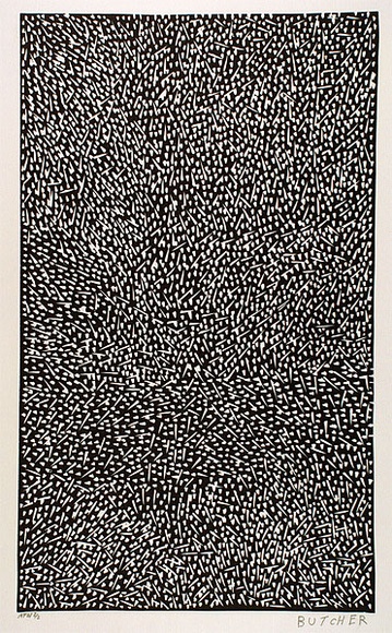 Artist: b'Cherel, Kumanjayi (Butcher).' | Title: b'not titled [even pattern of white flecks on black background]' | Date: 1999, June | Technique: b'linocut, printed in black ink, from one block'