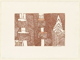 Artist: Farmer, Glen. | Title: Two pukumani poles and one spear | Date: 1998, July | Technique: etching, printed in brown ink, from one zinc plate