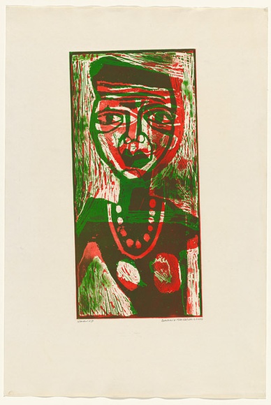 Artist: b'HANRAHAN, Barbara' | Title: b'Woman' | Date: c.1963 | Technique: b'linocut, printed in colour, from two blocks'