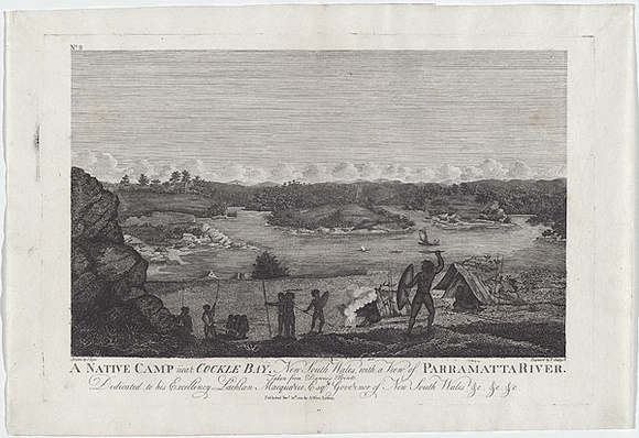 Title: bA native camp near Cockle Bay, New South Wales, with a View of Parramatta River. Taken from Dawes's Point. | Date: 1812 | Technique: b'engraving, printed in black ink, from one copper plate'