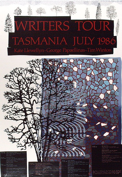 Artist: b'ARNOLD, Raymond' | Title: b'Writers tour Tasmania July 1986. Kate Llewellyn - George Papaellinas - Tim Winton.' | Date: 1986 | Technique: b'screenprint, printed in colour, from seven stencils'