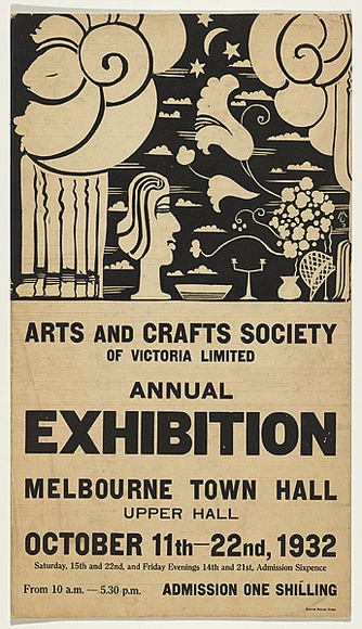 Artist: b'UNKNOWN' | Title: b'Arts and Crafts Society of Victoria Exhibition 1932 Melbourne Town Hall' | Date: 1932 | Technique: b'linocut, printed in black ink, from one block; letterpress text'