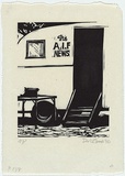 Artist: AMOR, Rick | Title: [typewriter at the door of the caravan] | Date: 1984 | Technique: linocut, printed in black ink, from one block | Copyright: © Rick Amor. Licensed by VISCOPY, Australia.