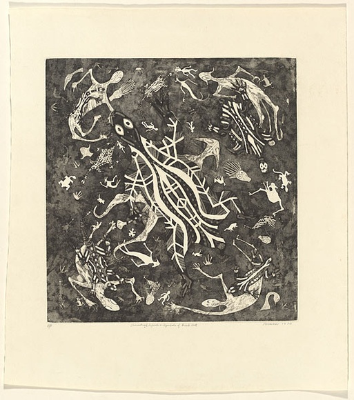 Title: b'Ancestral spirits and symbols of rock art' | Date: 1990 | Technique: b'etching and aquatint, printed in black ink, from one plate'