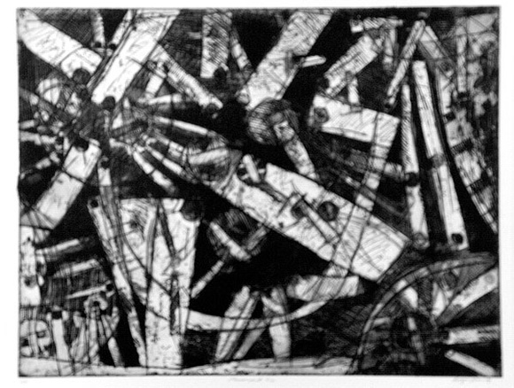 Artist: b'Kemp, Roger.' | Title: b'Movement six' | Date: 1973 | Technique: b'etching, printed in warm black ink with plate-tone, from one magnesium plate'