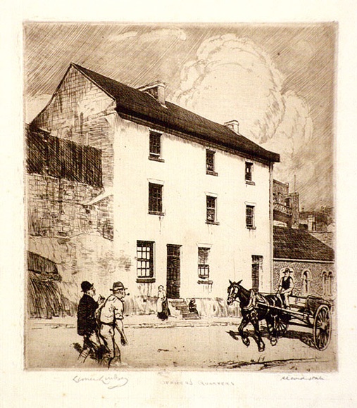 Artist: b'LINDSAY, Lionel' | Title: b'Officers quarters, Kent Street' | Date: 1912 | Technique: b'etching and drypoint, printed in brown ink, from one plate' | Copyright: b'Courtesy of the National Library of Australia'