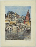 Artist: b'Carrick, Ethel.' | Title: b'Pilgrims bathing at Benares.' | Date: (1925) | Technique: b'lithograph, printed in black ink, from one stone; hand-coloured in watercolour'