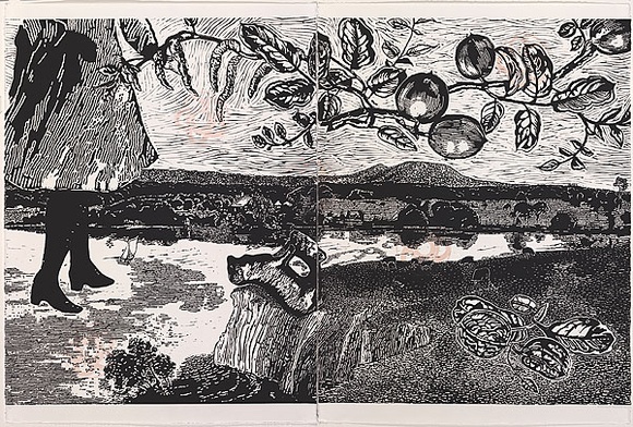 Artist: b'Manifold, Marion.' | Title: b'Spring: Purrumbete from across the lake' | Date: 2007 | Technique: b'linocut, printed in black and red ink, from two blocks'