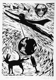 Artist: b'COLEING, Tony' | Title: b'Where to now, Superman?.' | Date: 1983 | Technique: b'linocut, printed in black ink, from one block'