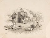Artist: GILL, S.T. | Title: Diggers hut, canvas and bark, Forrest Creek. | Date: 1852 | Technique: lithograph, printed in black ink, from one stone