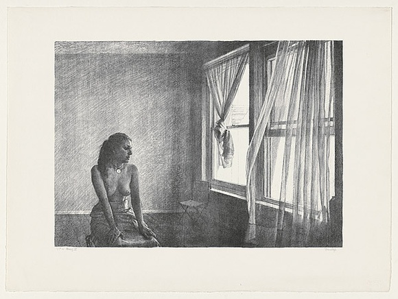 Artist: b'Dunlop, Brian.' | Title: b'Woman watching curtain' | Date: 1984? | Technique: b'lithograph, printed in black ink, from one stone'