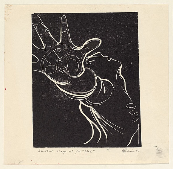 Artist: b'EWINS, Rod' | Title: b'Linocut for Web.' | Date: 1967 | Technique: b'linocut, printed in black ink, from one block'
